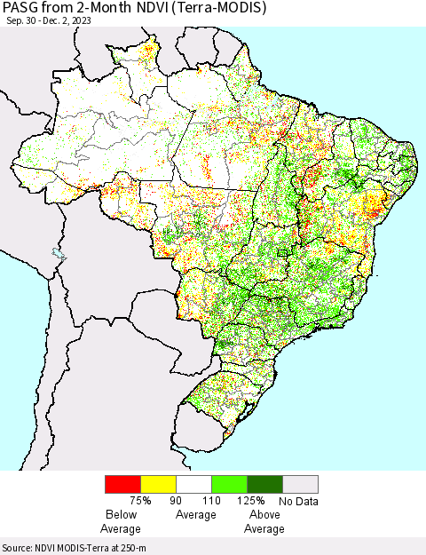 Brazil PASG from 2-Month NDVI (Terra-MODIS) Thematic Map For 11/25/2023 - 12/2/2023