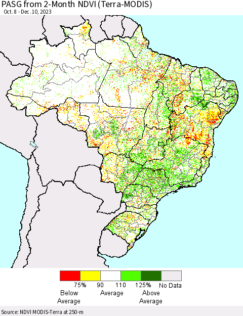 Brazil PASG from 2-Month NDVI (Terra-MODIS) Thematic Map For 12/3/2023 - 12/10/2023