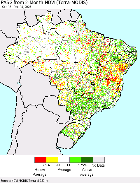 Brazil PASG from 2-Month NDVI (Terra-MODIS) Thematic Map For 12/11/2023 - 12/18/2023