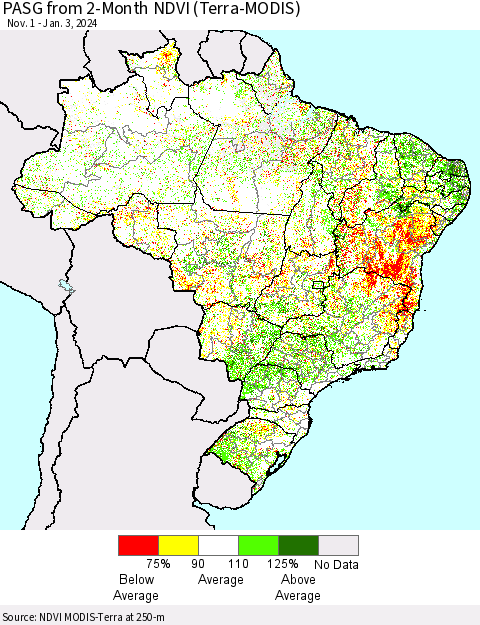 Brazil PASG from 2-Month NDVI (Terra-MODIS) Thematic Map For 12/27/2023 - 1/3/2024