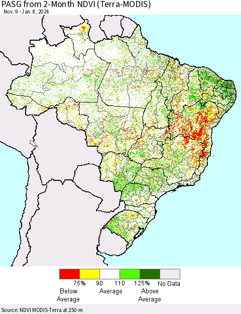 Brazil PASG from 2-Month NDVI (Terra-MODIS) Thematic Map For 1/1/2024 - 1/8/2024