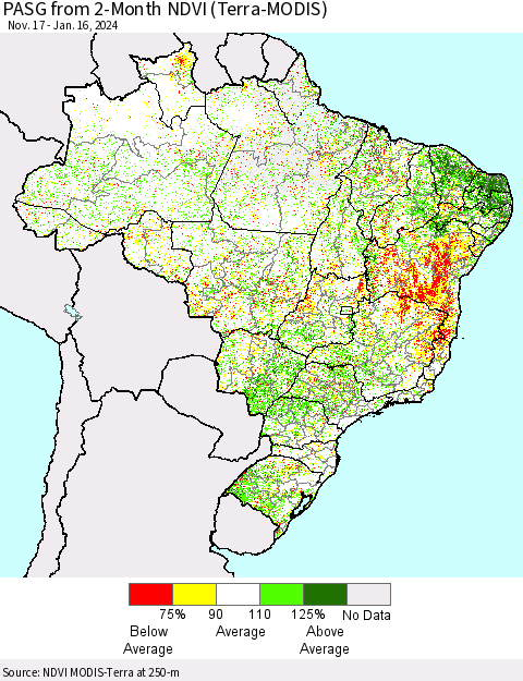 Brazil PASG from 2-Month NDVI (Terra-MODIS) Thematic Map For 1/9/2024 - 1/16/2024