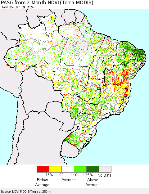 Brazil PASG from 2-Month NDVI (Terra-MODIS) Thematic Map For 1/17/2024 - 1/24/2024
