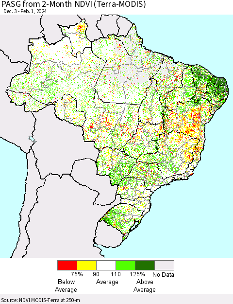 Brazil PASG from 2-Month NDVI (Terra-MODIS) Thematic Map For 1/25/2024 - 2/1/2024