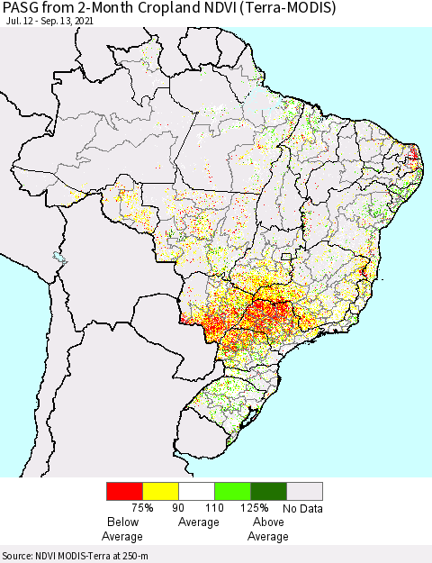 Brazil PASG from 2-Month Cropland NDVI (Terra-MODIS) Thematic Map For 9/6/2021 - 9/13/2021