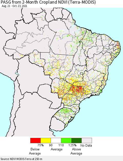 Brazil PASG from 2-Month Cropland NDVI (Terra-MODIS) Thematic Map For 10/16/2021 - 10/23/2021