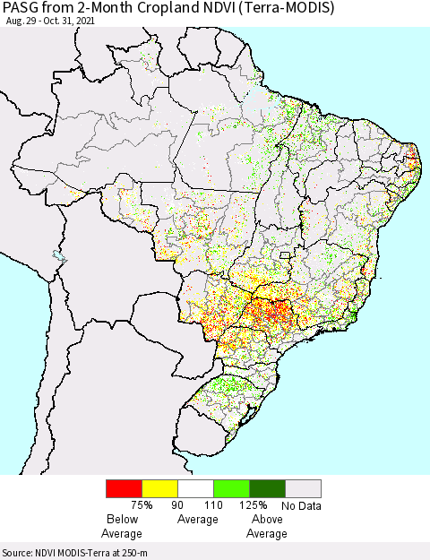 Brazil PASG from 2-Month Cropland NDVI (Terra-MODIS) Thematic Map For 10/24/2021 - 10/31/2021