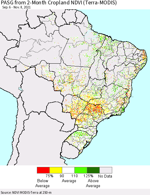 Brazil PASG from 2-Month Cropland NDVI (Terra-MODIS) Thematic Map For 11/1/2021 - 11/8/2021