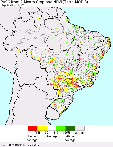 Brazil PASG from 2-Month Cropland NDVI (Terra-MODIS) Thematic Map For 11/9/2021 - 11/16/2021