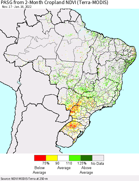 Brazil PASG from 2-Month Cropland NDVI (Terra-MODIS) Thematic Map For 1/9/2022 - 1/16/2022