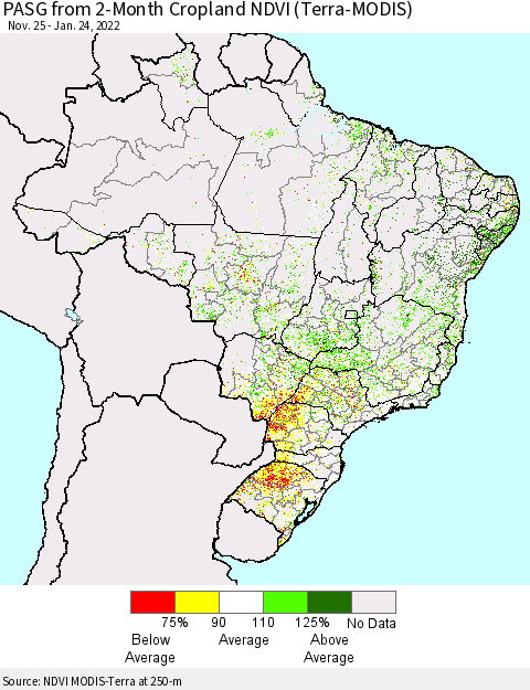 Brazil PASG from 2-Month Cropland NDVI (Terra-MODIS) Thematic Map For 1/17/2022 - 1/24/2022
