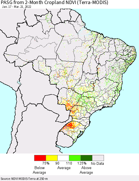 Brazil PASG from 2-Month Cropland NDVI (Terra-MODIS) Thematic Map For 3/14/2022 - 3/21/2022