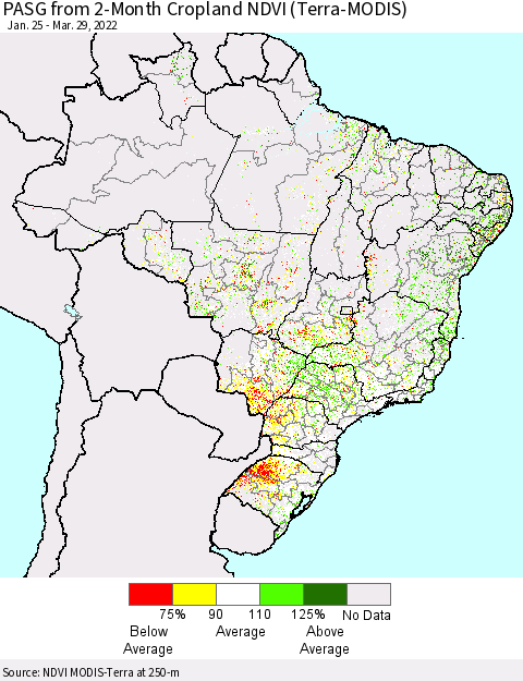 Brazil PASG from 2-Month Cropland NDVI (Terra-MODIS) Thematic Map For 3/22/2022 - 3/29/2022