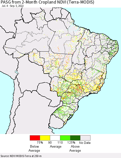 Brazil PASG from 2-Month Cropland NDVI (Terra-MODIS) Thematic Map For 8/29/2022 - 9/5/2022