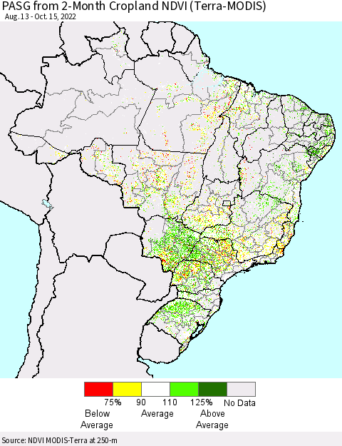 Brazil PASG from 2-Month Cropland NDVI (Terra-MODIS) Thematic Map For 10/8/2022 - 10/15/2022