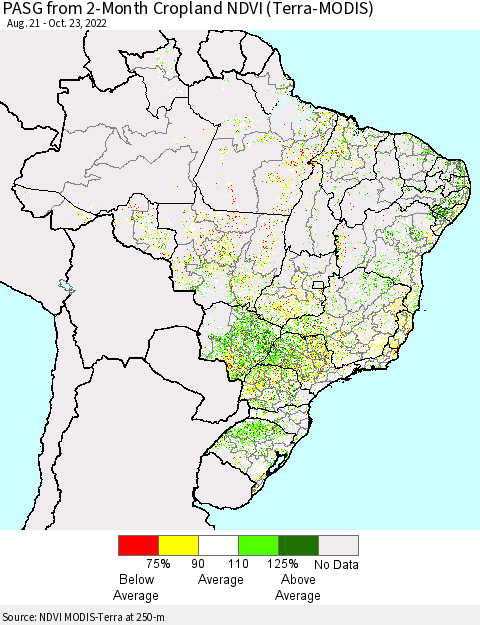 Brazil PASG from 2-Month Cropland NDVI (Terra-MODIS) Thematic Map For 10/16/2022 - 10/23/2022