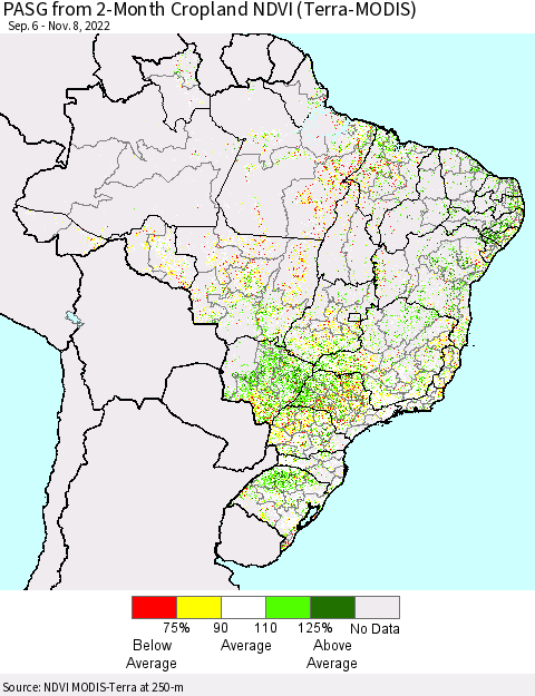 Brazil PASG from 2-Month Cropland NDVI (Terra-MODIS) Thematic Map For 11/1/2022 - 11/8/2022