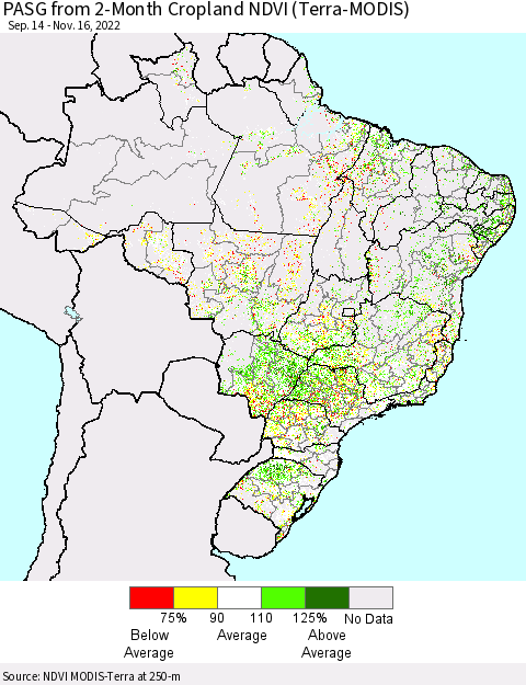 Brazil PASG from 2-Month Cropland NDVI (Terra-MODIS) Thematic Map For 11/9/2022 - 11/16/2022