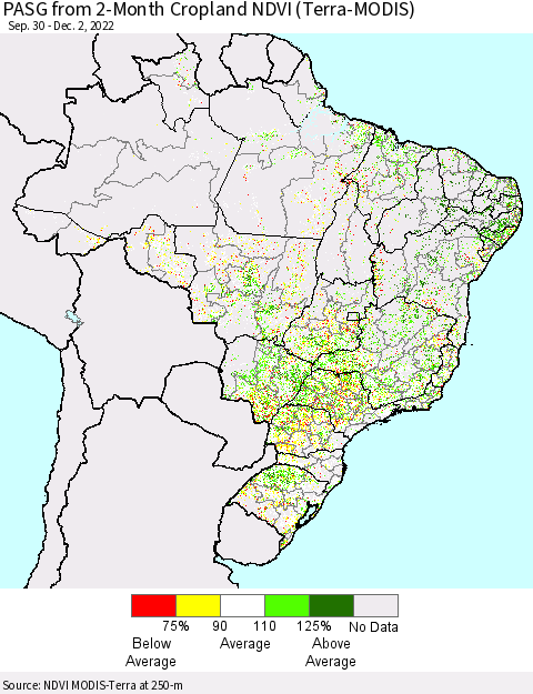 Brazil PASG from 2-Month Cropland NDVI (Terra-MODIS) Thematic Map For 11/25/2022 - 12/2/2022