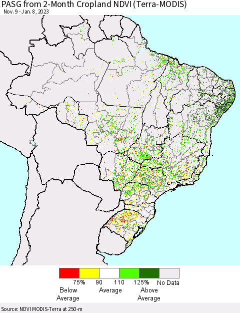 Brazil PASG from 2-Month Cropland NDVI (Terra-MODIS) Thematic Map For 1/1/2023 - 1/8/2023