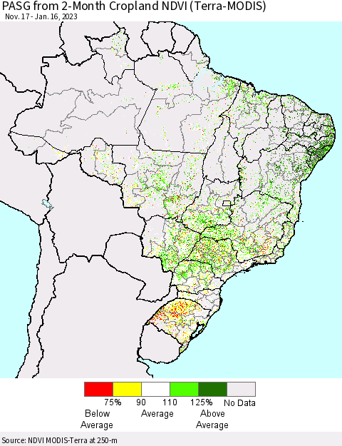 Brazil PASG from 2-Month Cropland NDVI (Terra-MODIS) Thematic Map For 1/9/2023 - 1/16/2023