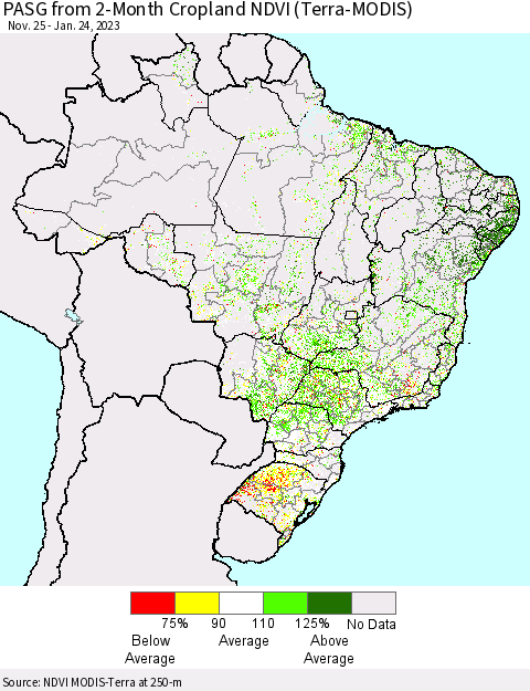 Brazil PASG from 2-Month Cropland NDVI (Terra-MODIS) Thematic Map For 1/17/2023 - 1/24/2023
