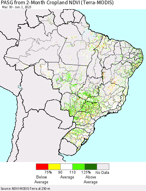 Brazil PASG from 2-Month Cropland NDVI (Terra-MODIS) Thematic Map For 5/25/2023 - 6/1/2023