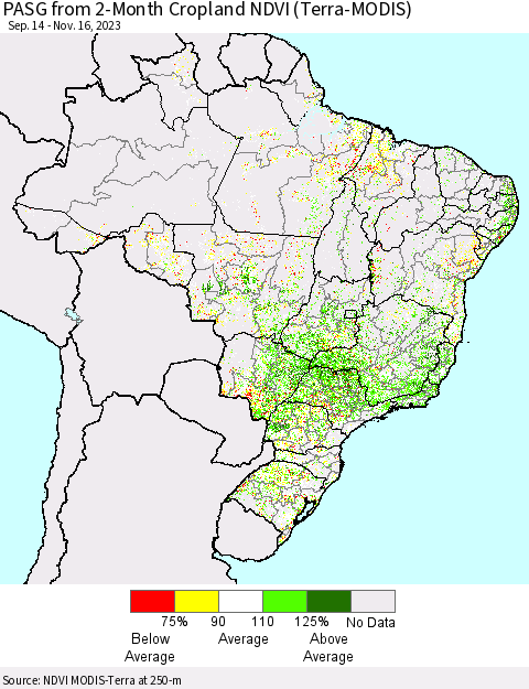 Brazil PASG from 2-Month Cropland NDVI (Terra-MODIS) Thematic Map For 11/9/2023 - 11/16/2023