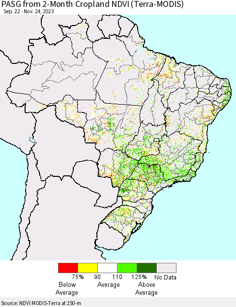 Brazil PASG from 2-Month Cropland NDVI (Terra-MODIS) Thematic Map For 11/17/2023 - 11/24/2023