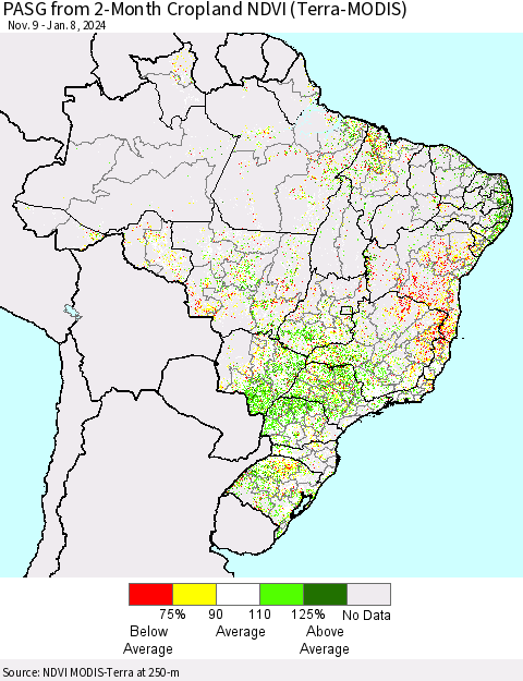 Brazil PASG from 2-Month Cropland NDVI (Terra-MODIS) Thematic Map For 1/1/2024 - 1/8/2024