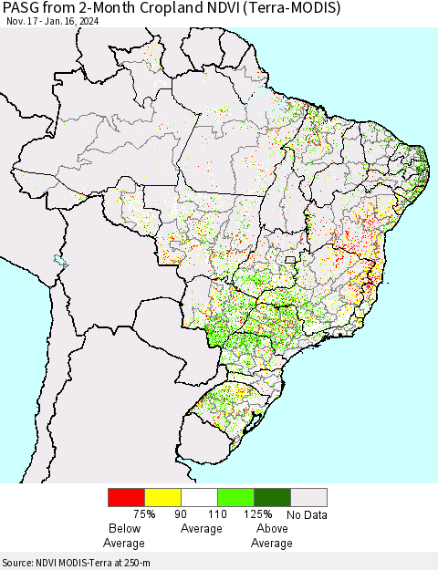 Brazil PASG from 2-Month Cropland NDVI (Terra-MODIS) Thematic Map For 1/9/2024 - 1/16/2024