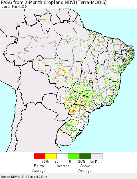 Brazil PASG from 2-Month Cropland NDVI (Terra-MODIS) Thematic Map For 2/26/2024 - 3/4/2024