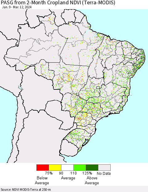 Brazil PASG from 2-Month Cropland NDVI (Terra-MODIS) Thematic Map For 3/5/2024 - 3/12/2024