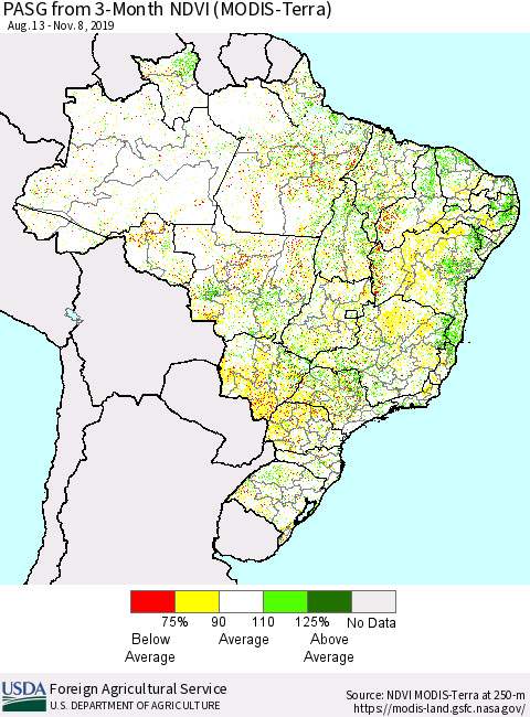 Brazil PASG from 3-Month NDVI (Terra-MODIS) Thematic Map For 11/1/2019 - 11/10/2019