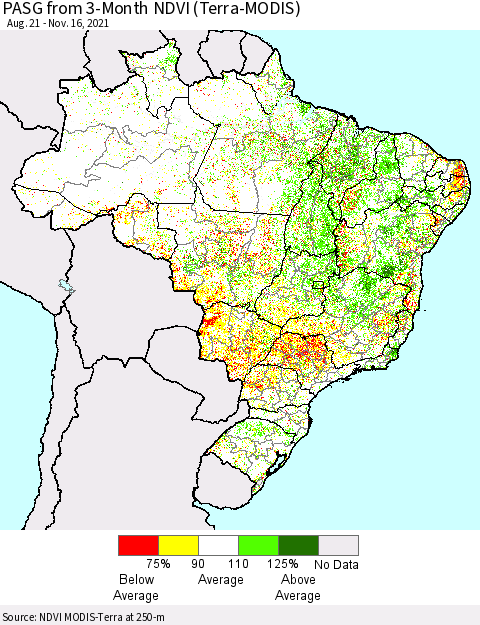 Brazil PASG from 3-Month NDVI (Terra-MODIS) Thematic Map For 11/9/2021 - 11/16/2021
