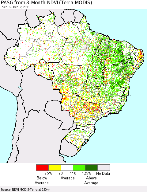 Brazil PASG from 3-Month NDVI (Terra-MODIS) Thematic Map For 11/25/2021 - 12/2/2021