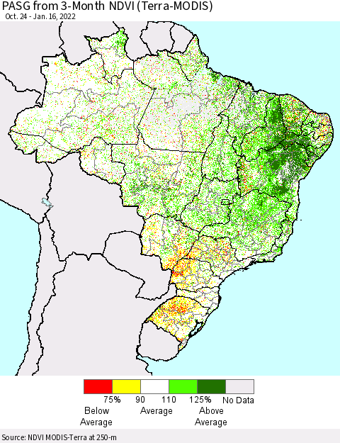 Brazil PASG from 3-Month NDVI (Terra-MODIS) Thematic Map For 1/9/2022 - 1/16/2022