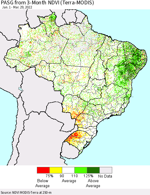 Brazil PASG from 3-Month NDVI (Terra-MODIS) Thematic Map For 3/22/2022 - 3/29/2022