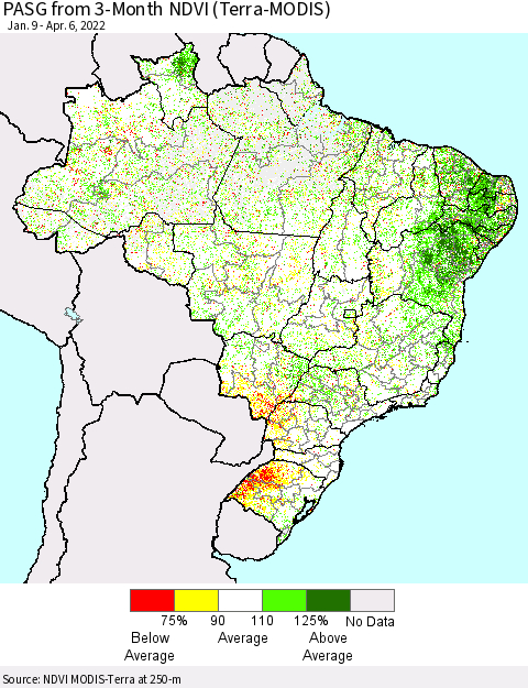 Brazil PASG from 3-Month NDVI (Terra-MODIS) Thematic Map For 3/30/2022 - 4/6/2022