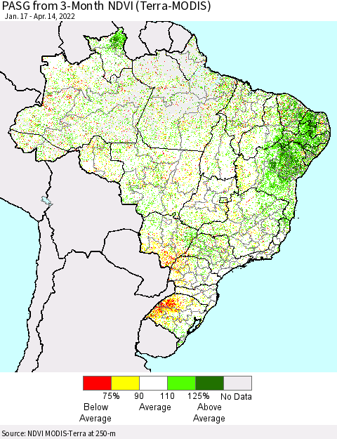 Brazil PASG from 3-Month NDVI (Terra-MODIS) Thematic Map For 4/7/2022 - 4/14/2022