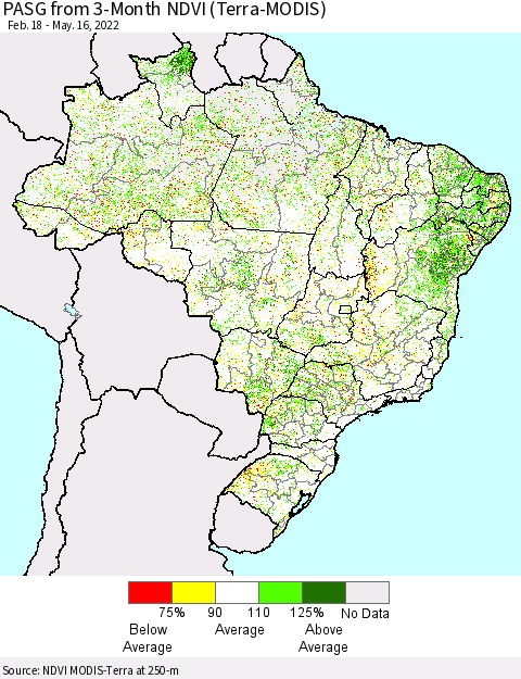Brazil PASG from 3-Month NDVI (Terra-MODIS) Thematic Map For 5/9/2022 - 5/16/2022