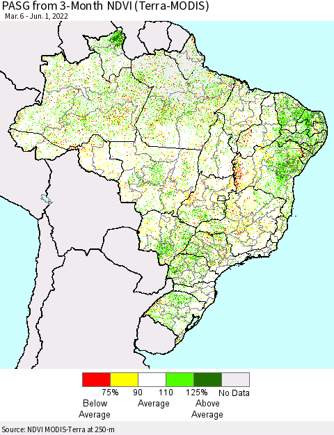 Brazil PASG from 3-Month NDVI (Terra-MODIS) Thematic Map For 5/25/2022 - 6/1/2022