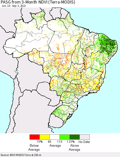 Brazil PASG from 3-Month NDVI (Terra-MODIS) Thematic Map For 8/29/2022 - 9/5/2022