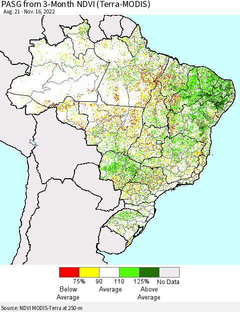 Brazil PASG from 3-Month NDVI (Terra-MODIS) Thematic Map For 11/9/2022 - 11/16/2022
