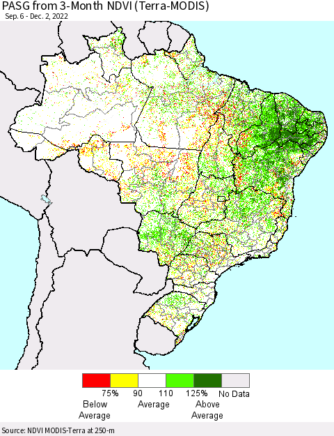 Brazil PASG from 3-Month NDVI (Terra-MODIS) Thematic Map For 11/25/2022 - 12/2/2022