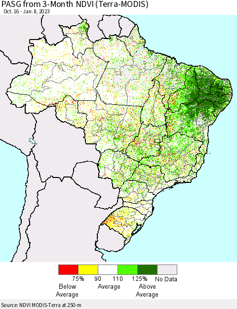 Brazil PASG from 3-Month NDVI (Terra-MODIS) Thematic Map For 1/1/2023 - 1/8/2023