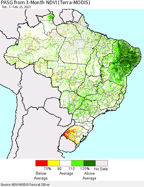 Brazil PASG from 3-Month NDVI (Terra-MODIS) Thematic Map For 2/18/2023 - 2/25/2023