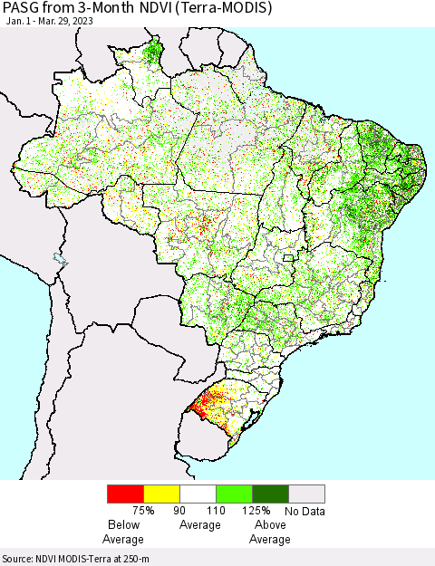 Brazil PASG from 3-Month NDVI (Terra-MODIS) Thematic Map For 3/22/2023 - 3/29/2023