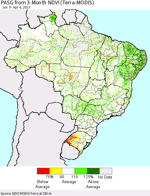 Brazil PASG from 3-Month NDVI (Terra-MODIS) Thematic Map For 3/30/2023 - 4/6/2023