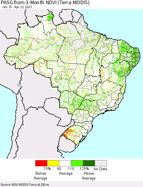 Brazil PASG from 3-Month NDVI (Terra-MODIS) Thematic Map For 4/15/2023 - 4/22/2023